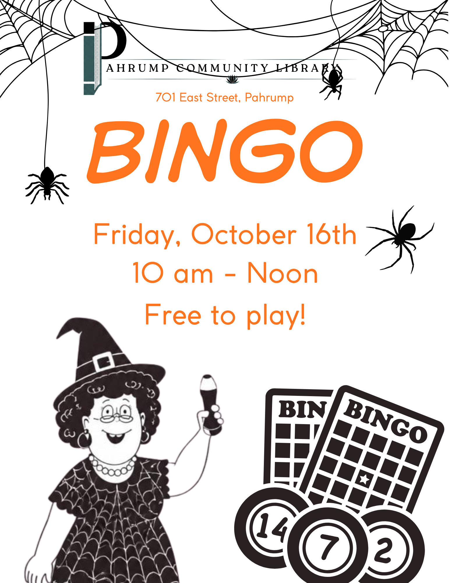 Bingo event flyer with a lady in a witches hat and spiders